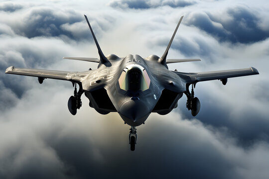 Modern stealth fighter plane. Flight in formation, flyby and landing, take off bombing, dog fight, firing missile.