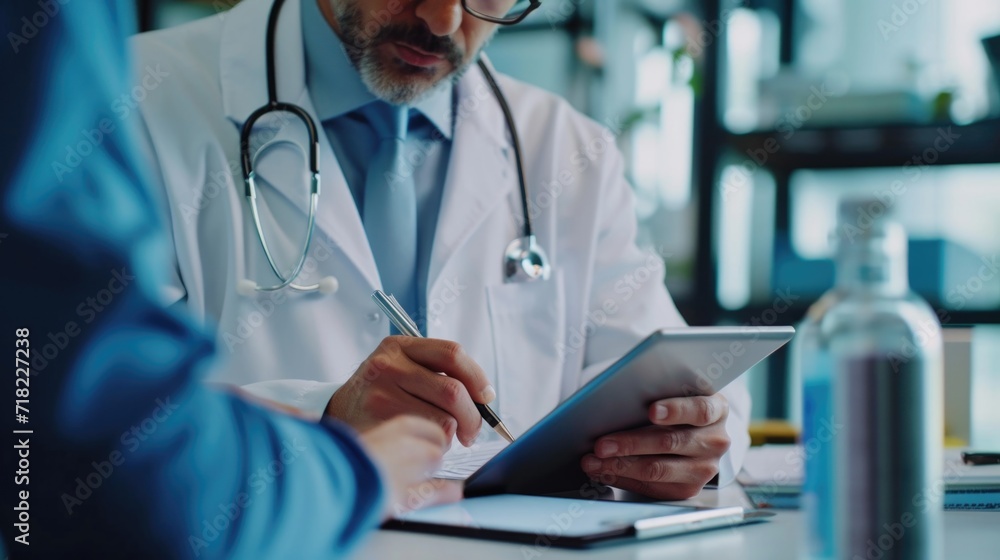 Poster a man in a lab coat is seen writing on a tablet. this image can be used to depict a scientist or res