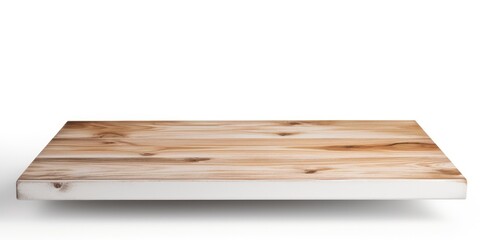 Isolated white wooden tabletop for product placement or montage, with focus on foreground. Empty rustic wooden shelf. Clipping path included.