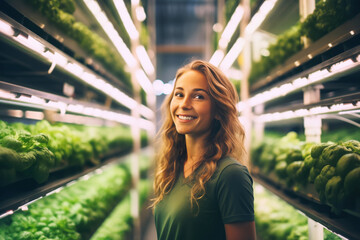 Focused female farm owner inspecting plants at an indoor vertical farm with hydroponic system - obrazy, fototapety, plakaty