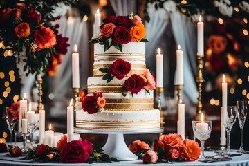 A beautiful wedding cake on table