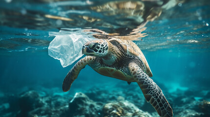 Turtles eat plastic bags in the sea, environmental problem in the world, and rare animals.
