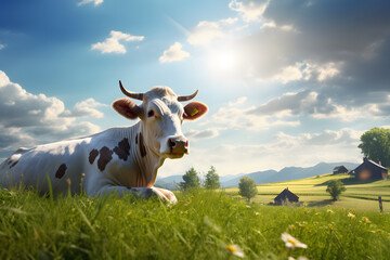 Captivating view of a cow on a meadow, a symbol of pastoral tranquility and natural beauty    Generative AI,