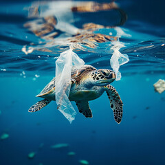 Turtles eat plastic bags in the sea, environmental problem in the world, and rare animals.
