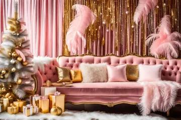 Fotobehang Luxury Christmas Decorations with Ostrich Feathers and Couch. Pastel Pink and Gold Seasonal Background © Nazir