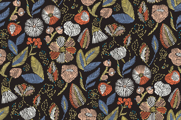 Floral blooming romantic feminine seamless pattern with imitation of satin stitch embroidery.