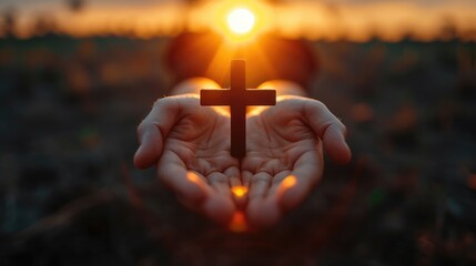 Hands holding a crucifix, a believer praying with his arms crossed, Jesus Christ, divine light from heaven - obrazy, fototapety, plakaty