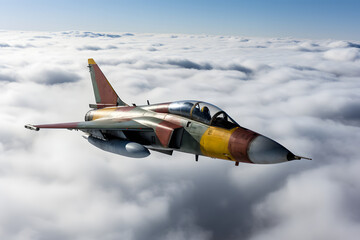 Modern stealth fighter plane. Flight in formation, flyby and landing, take off bombing, dog fight, firing missile.