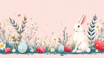 Cute Spring Card with Quail Eggs, Flowers, and Bunny - AI Generated