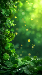Card template with empty space for St. Patrick's Day with green four and clover on green background, with gold splashes for party invitation design. - obrazy, fototapety, plakaty