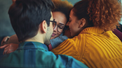 Fototapeta premium candidate being comforted by friends or family after a rejection, highlighting support systems and resilience