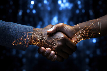 A handshake with elements of digital lines symbolizing the conclusion of a virtual deal, generative AI