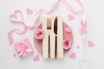 Festive table setting for Valentine's Day on color background, top view