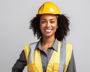 close up face black woman. portrait femal african american engineer worker wearing yellow hard hat helmet working on construction site, generative ai