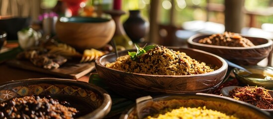 A sumptuous spread of rice with dark pigeon peas is beautifully presented on the table, enticing the diners with its rich colors and fragrant aroma. - obrazy, fototapety, plakaty