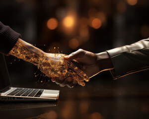 A handshake with elements of digital lines symbolizing the conclusion of a virtual deal, generative AI