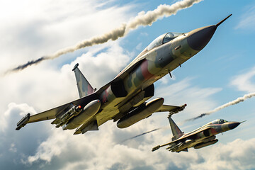 Modern stealth fighter plane. Flight in formation, flyby and landing, take off bombing, dog fight, firing missile.