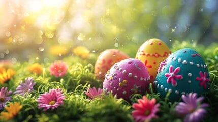 Obraz na płótnie Canvas Colorful Easter Egg Decorations on HD Illustration Background - AI Generated