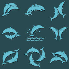 collection with emblem of dolphin and sea wave isolated on dark background