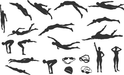Swimming silhouettes, Swimmer silhouette, Woman swimming silhouette, Swimmer svg, Backstroke swimmer silhouette, Swimming svg, Swimming goggles silhouette, Swimmer icon bundle. - obrazy, fototapety, plakaty