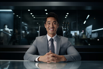 Asian businessman smiling at work behind a desk. Rich man businessman. Professional career. World of work. Work in a company. AI.