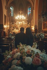 Inside the hallowed walls of the church, mourners gather to pay their respects, surrounded by a sense of sacredness and solace - obrazy, fototapety, plakaty