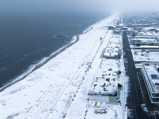 Snow-covered winter Beach from an aerial view