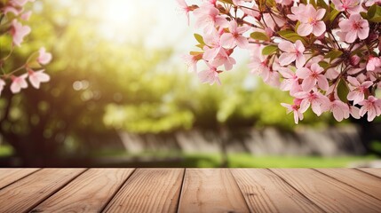 Naklejka na ściany i meble Spring hardwood flooring background with Empty wooden table. Banner background with copy space