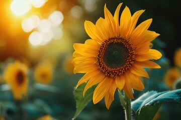 Fototapeta premium A vibrant yellow sunflower standing tall in the middle of a picturesque field. Ideal for adding a touch of nature and beauty to any project