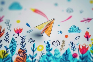 A simple drawing of a paper airplane soaring through a field of colorful flowers.  - obrazy, fototapety, plakaty