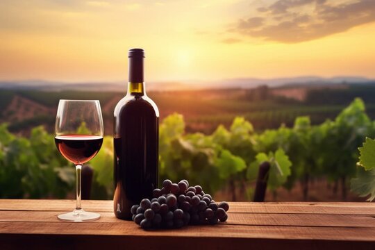 Red wine and bottle on wooden table with grape vines on blurred sunset vineyard landscape. Production at winery. Generative AI