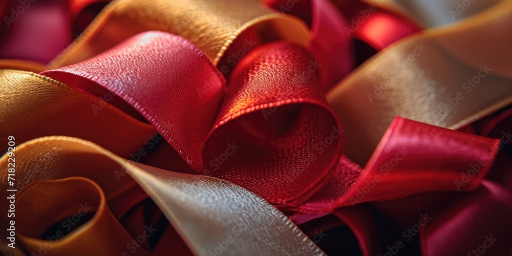 Poster a close-up view of a bunch of red and gold ribbons. perfect for adding a festive touch to any occasi