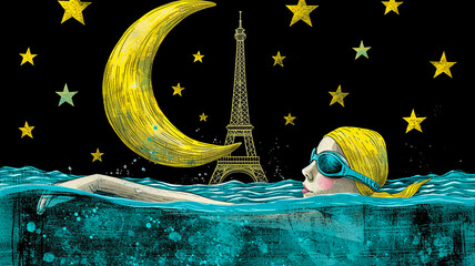 imple line art minimalist collage illustration with professional athlete performing speed swimming in the pool and Eiffel Tower in the background, olympic games, wide lens
