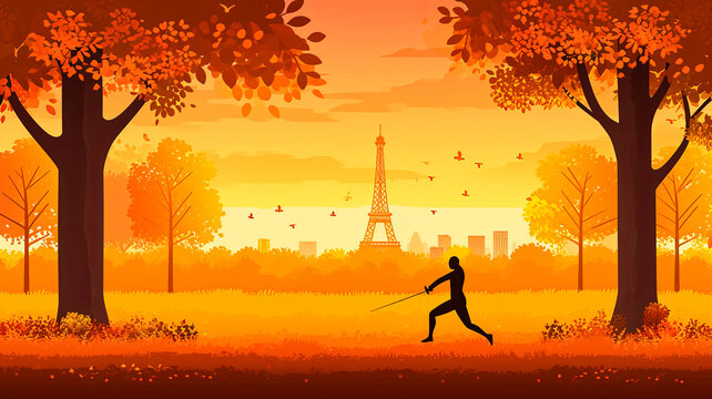 simple line art minimalist collage illustration with a professional fencer practicing sword strikes and Eiffel Tower in the background, olympic games, wide lens