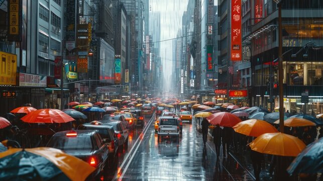 A busy city street filled with traffic and people carrying umbrellas to shield themselves from the rain. This image can be used to depict a rainy day in the city