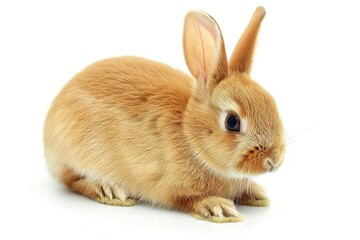 Obraz premium A cute small brown rabbit sitting on a white surface. Perfect for nature or animal-themed designs