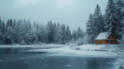A small cabin sits atop a snow-covered lake. This image can be used to depict a cozy winter retreat or a peaceful snowy landscape