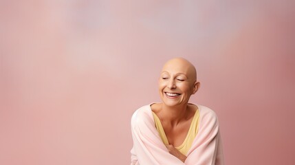 Studio portrait of a happy cancer patient against a pastel background. close up Middle-aged woman with cancer - obrazy, fototapety, plakaty