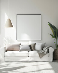 Blank poster with black thin frame mock up template, living room interior in fusion style with white sofa, carpet, white walls and plants. Play of light and shadow