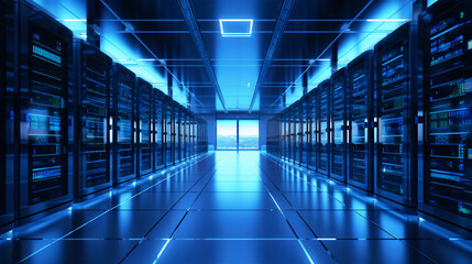 Obraz premium data, center, server, room, information, cloud, storage, servers, indoor, neon, light, technology, datacenter,