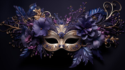 Élégant masque vénitien, avec des éléments décoratifs, violet et doré. Matière, beauté, carnaval. Venise. Pour conception et création graphique. - obrazy, fototapety, plakaty