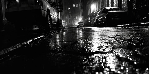 A black and white photo of a city street at night. Perfect for capturing the urban atmosphere and nightlife.