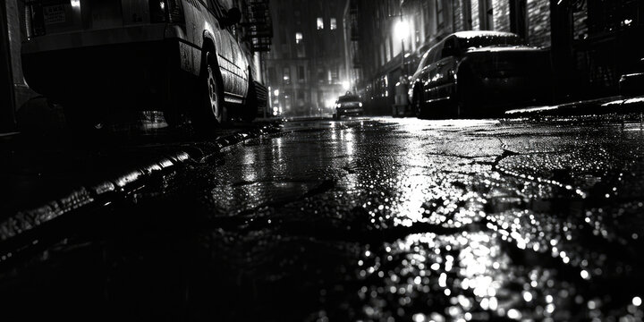 Fototapeta A black and white photo of a city street at night. Perfect for capturing the urban atmosphere and nightlife.