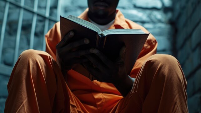 A man can be seen reading a book inside a jail cell. This image can be used to depict incarceration, solitude, or the concept of finding solace in literature