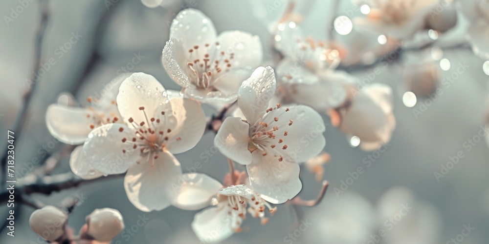 Poster a close up view of a bunch of flowers growing on a tree. this image can be used to add a touch of na