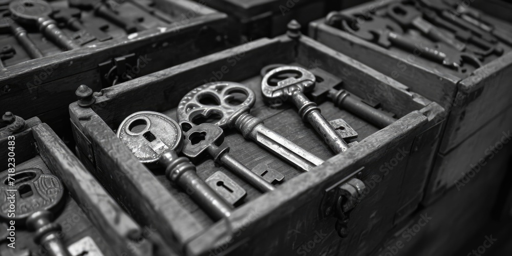 Poster a collection of vintage keys stored in a wooden box. perfect for adding a touch of nostalgia to any 