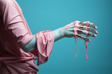 A woman's hand in a torn sleeve, blue skin color, pink color dripping from the fingers. - obrazy, fototapety, plakaty