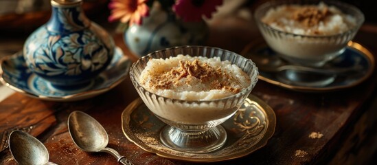 The creamy rice pudding was delicately prepared, served in an individual glass bowl, and beautifully presented, with a sprinkle of fragrant nutmeg on top.
