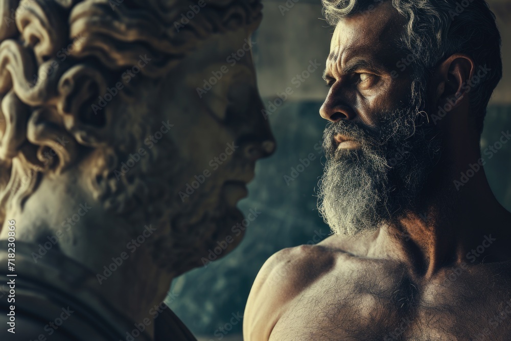 Poster a close up view of a statue depicting a man with a beard. this image can be used to represent streng