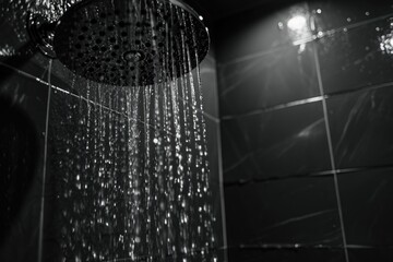 A black and white photo of a shower head. Suitable for bathroom decor and plumbing-related projects - obrazy, fototapety, plakaty